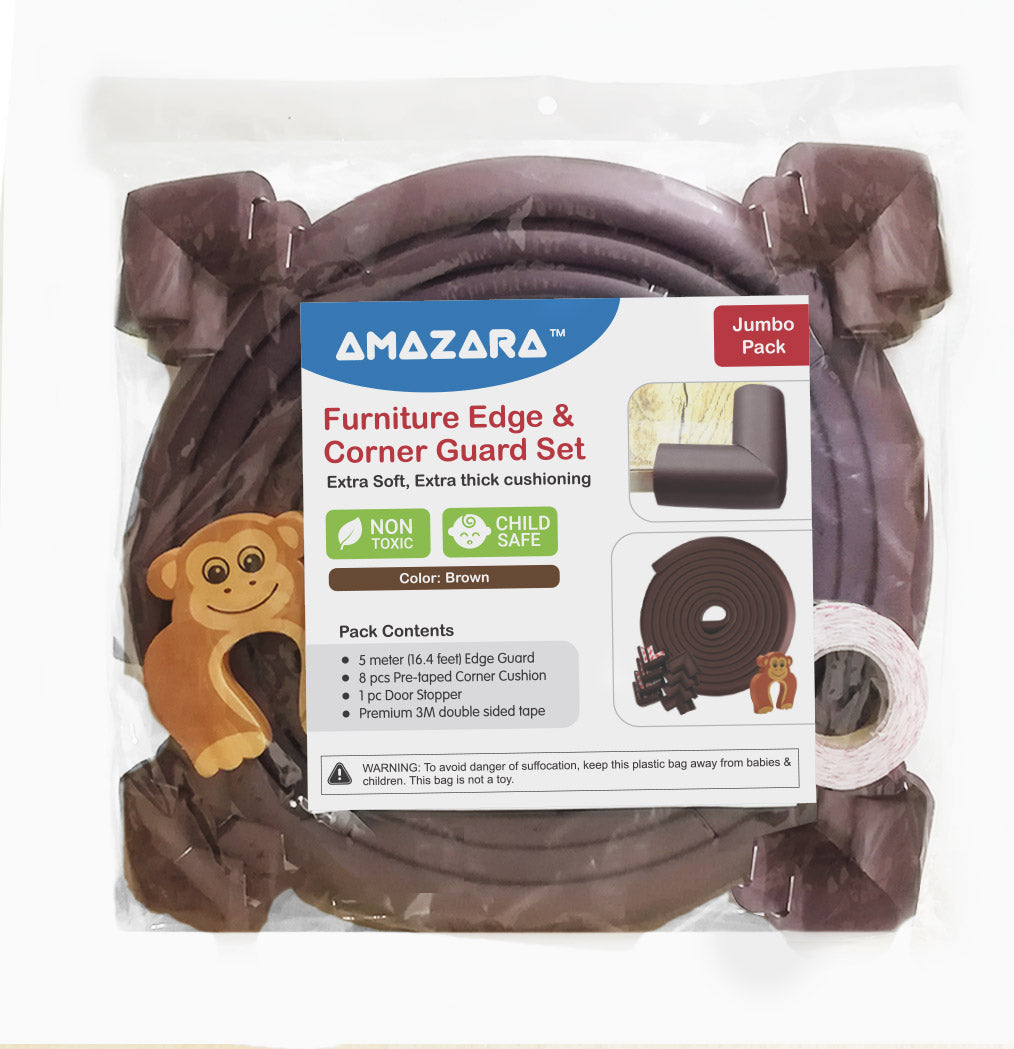✅ Amazara Baby Proofing Edge Guard (16.4 ft) + 8 Pre-Taped Corner Guards – Soft Furniture Safety Cushion Set – Brown