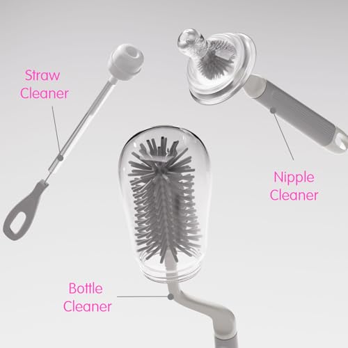 LILBEE Silicone Baby Milk Bottle Brush, Nipple Cleaner, Straw Brush Cleaning Set I 3 in 1 Anti Slip Long Handle & 360 Degree Rotatable Multipurpose Easy to Clean Brush Set I Grey