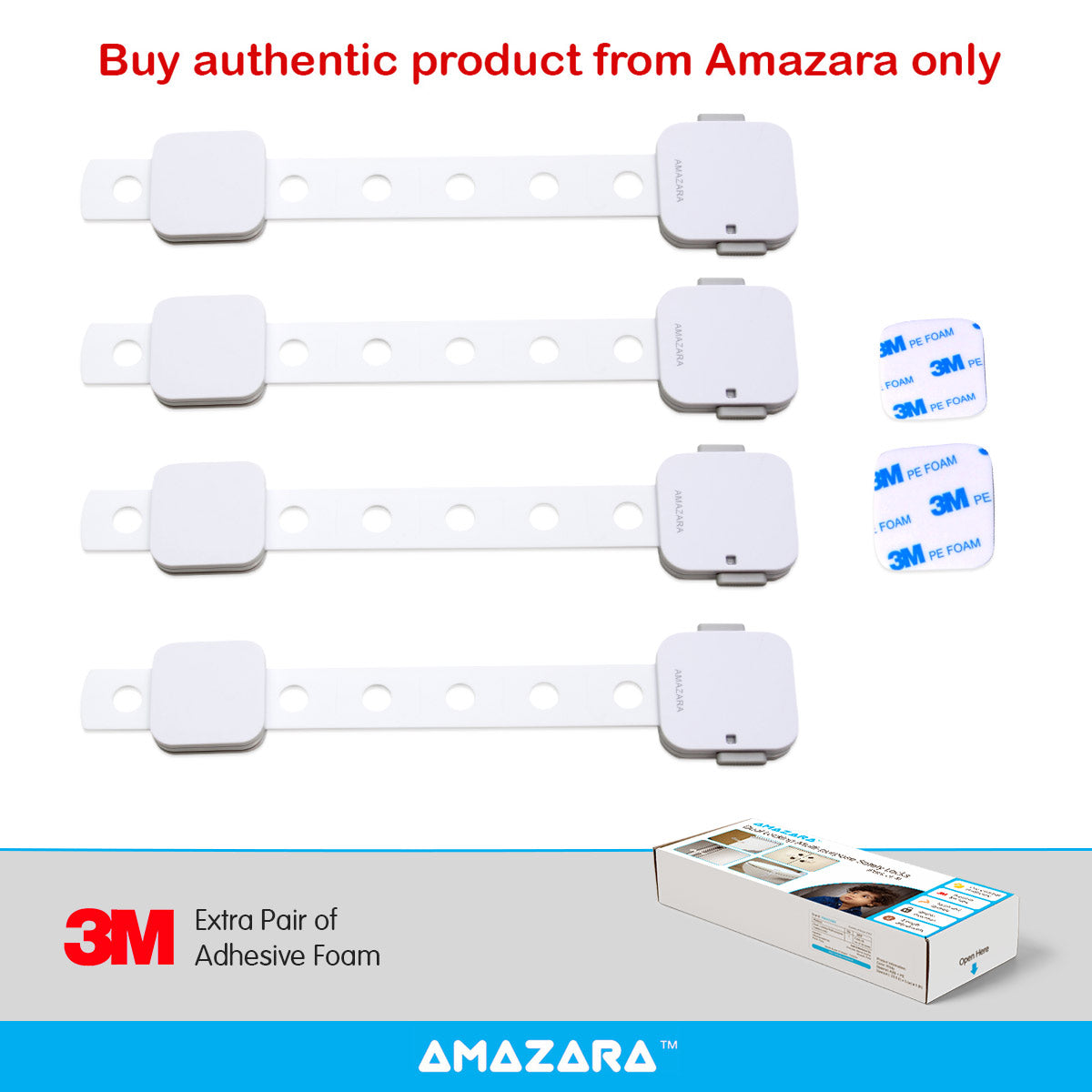 Amazara Child Safety Locks - Baby Proofing Locks for Cabinets, Drawers, Fridge, Toilet Seats, Furniture | Extra 3M Adhesives Tape | Pack of 4, White Color