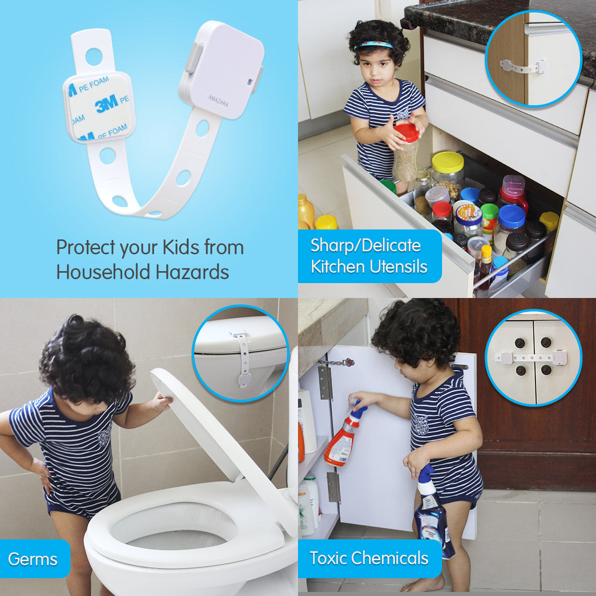 ✅ Amazara Child Safety Locks (Pack of 4) – Baby Proofing Cabinet, Drawer & Fridge Locks with 3M Adhesive – White