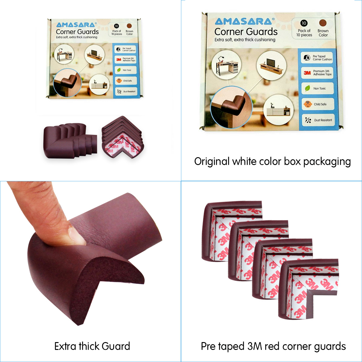 AMAZARA Baby Proofing Corner Guards I Pre-Taped Corner Protectors I Child Safety Edge Guards I 10 Pieces Brown