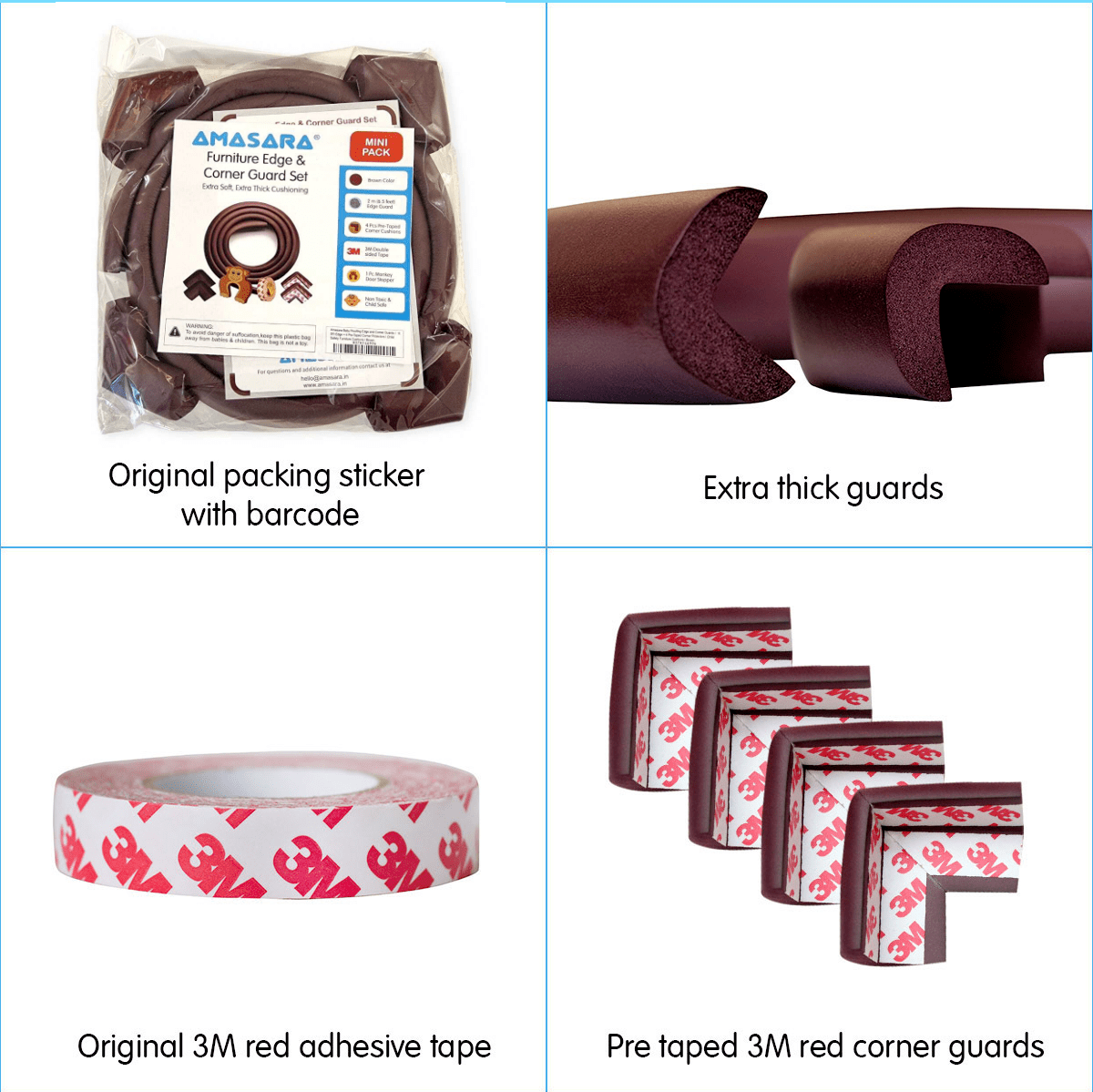 ✅ Amazara Edge Guard 6.5 ft + 4 Pre-Taped Corner Guards – Baby Proofing Safety Cushion Set (Brown)